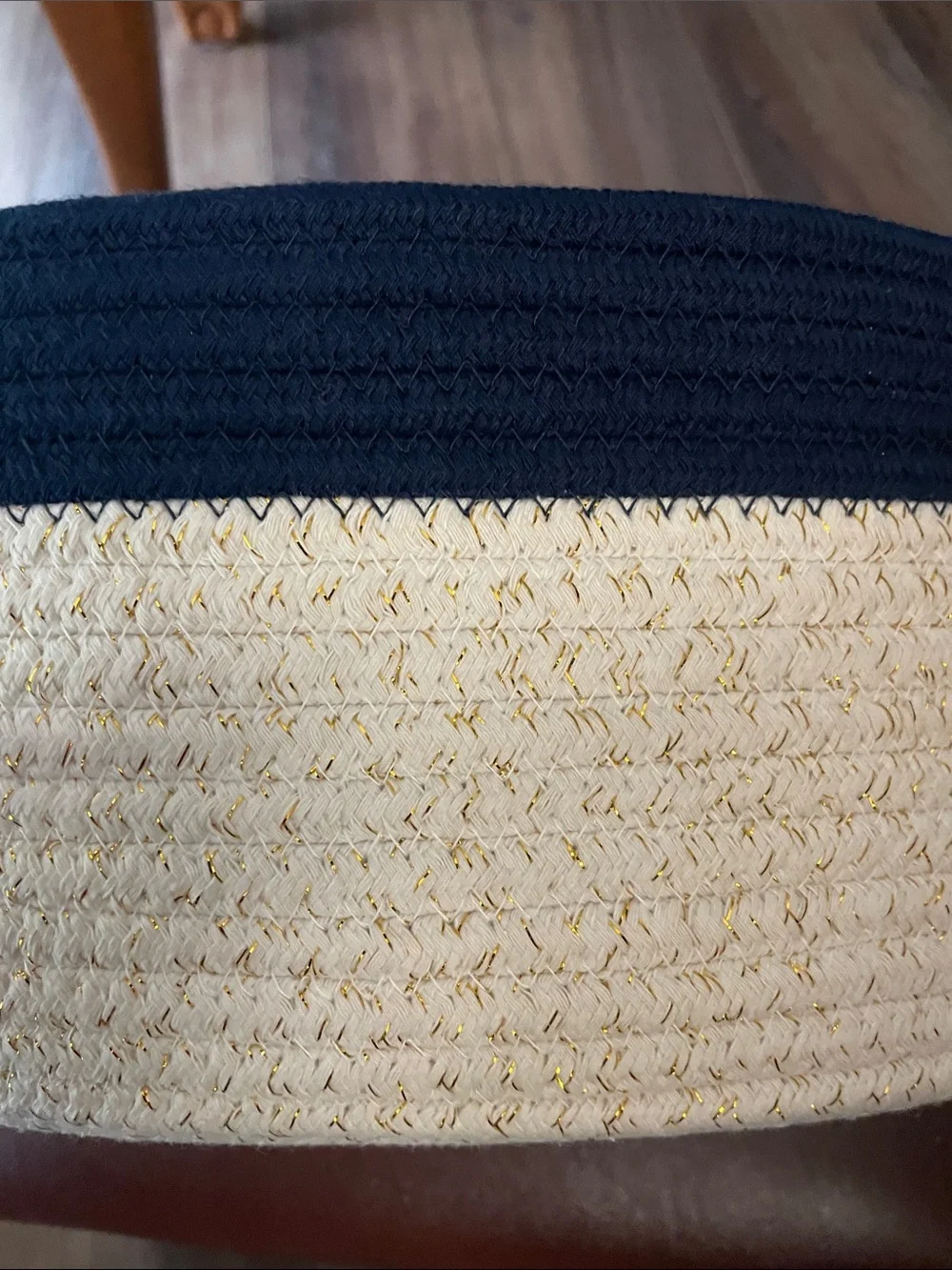 NEW Harvey Lewis Coiled Rope Oval Bin Storage Basket Blue Cream Gold Thread X2